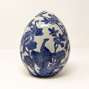 Blue White Chinoiserie Porcelain Egg Peacock Bird Floral Decor 8”